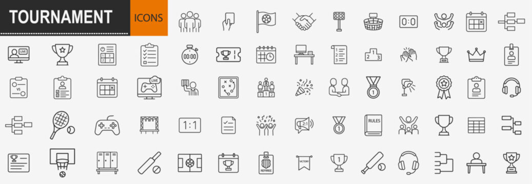 Tournament and sports competition icons set, outline symbols for championship trophy game scoring team ranking and athletic event scheduling vector illustration