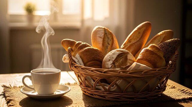 Freshly baked bread and hot coffee on a rustic table in morning light