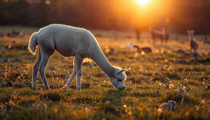 Fototapeta premium Alpaca grazing sunrise soft golden light peaceful field