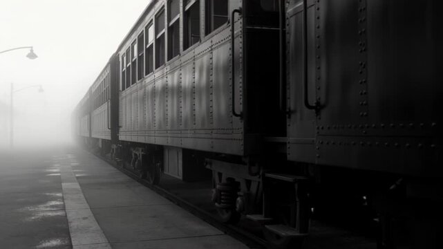 Black and white train at a foggy station with quiet platform.