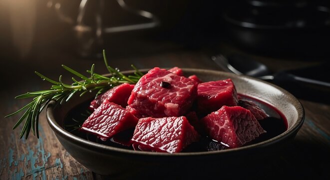 Close-up of Raw Beef Cubes Marinating in Dark Sauce with Rosemary Sprig.