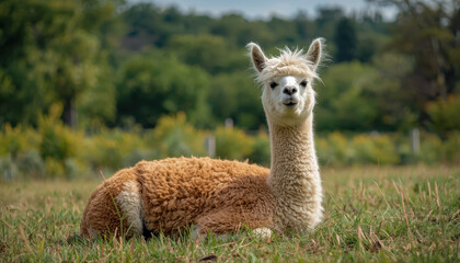 Fototapeta premium Alpaca resting in grassy field with calm expression, soft fleece and natural scenery