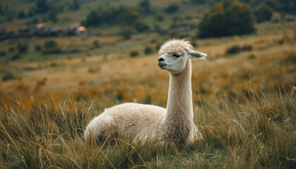 Fototapeta premium Alpaca resting in grassy meadow with soft light and calm atmosphere
