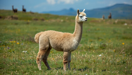 Fototapeta premium Young alpaca standing calmly in meadow with distant mountains and wildflowers