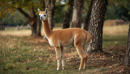 Fototapeta premium Young alpaca standing in rural pasture with trees and soft autumn light