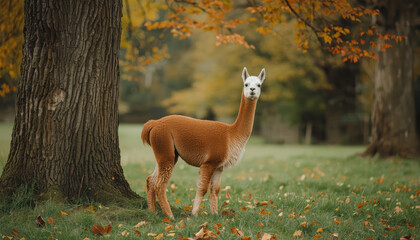 Fototapeta premium Autumn alpaca standing near tree in calm rural park with warm light