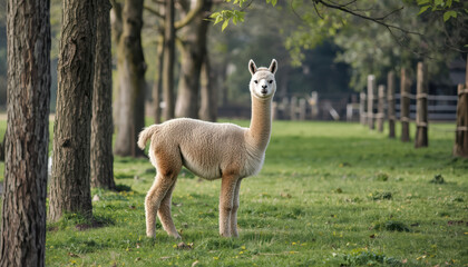Fototapeta premium Alpaca standing in grassy field near trees and fence, calm rural scene with soft light