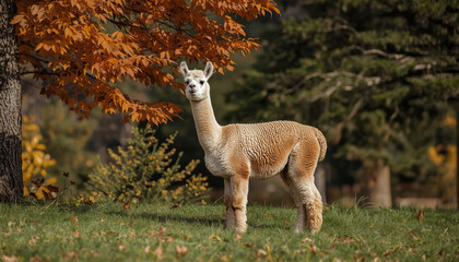 Fototapeta premium Alpaca standing in autumn field beneath orange leaves, calm rural scene