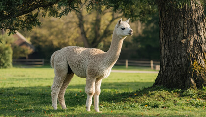 Fototapeta premium Alpaca, animal, wool, pasture, tree