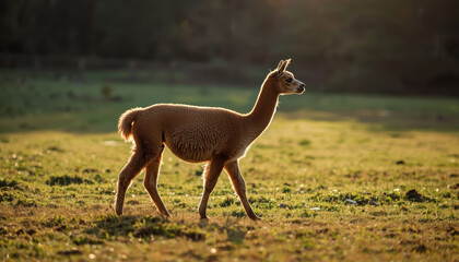 Fototapeta premium Young alpaca walking across sunlit grassy field at golden hour