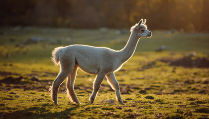 Fototapeta premium White alpaca walking across grassy field at golden hour with warm light