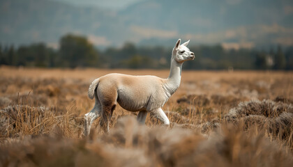Fototapeta premium Alpaca walking in grassy field with distant mountains and soft light