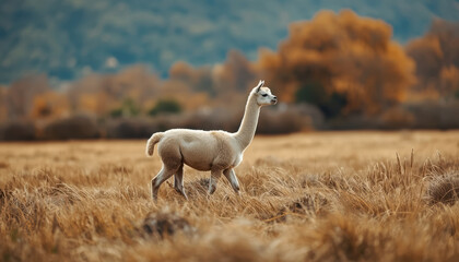Fototapeta premium Alpaca walking in field with mountain background warm autumn tones calm mood