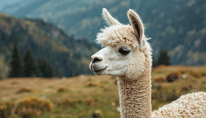 Fototapeta premium Alpaca mountain meadow calm beauty soft fleece portrait