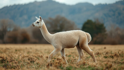Fototapeta premium White alpaca walking in grassy field with mountain backdrop calm expression