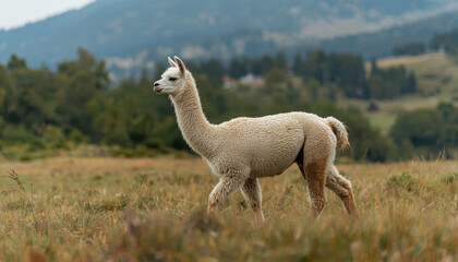 Fototapeta premium Alpaca walking in grassy field with blurred mountain background, calm pastoral scene