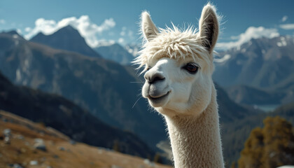 Fototapeta premium Alpaca mountain alpaca portrait white alpaca serene alpaca
