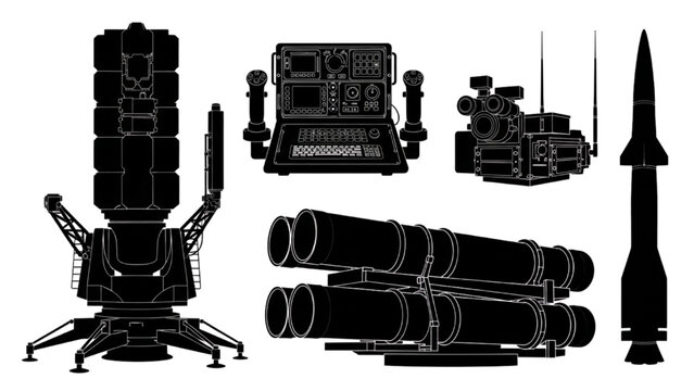 Collection of advanced military defense systems and weaponry silhouettes showcasing strategic combat technology