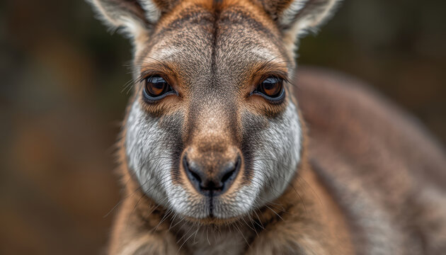 Soft fur kangaroo face close up portrait warm brown fur curious expression