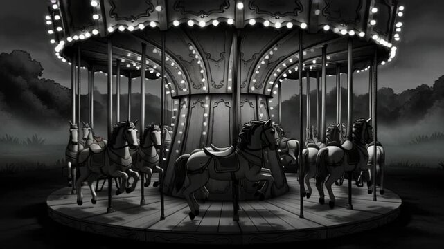 Monochrome Night Carousel: Vintage, Symmetrical Ride with Glowing Lights and Silhouetted Riders.