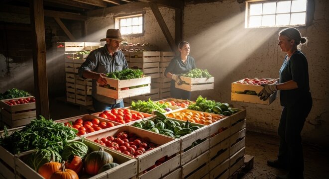 Farmers loading boxes of fresh vegetables and fruits in a rustic barn