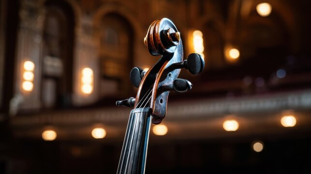 Close-up detail of a stylized violin bow poised above its strings in a dimly lit performance hall