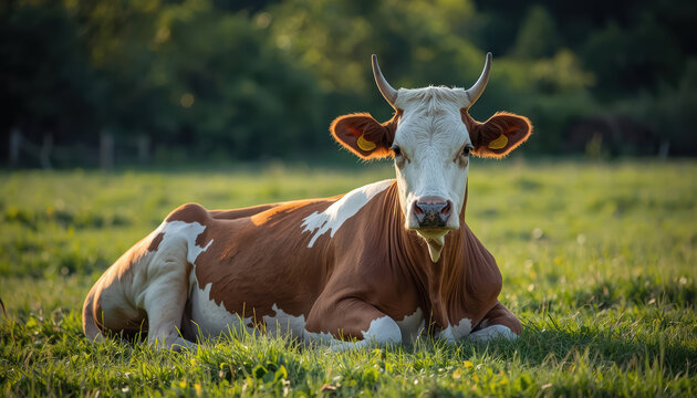 Cow lying in green pasture at golden hour with calm expression and soft sunlight