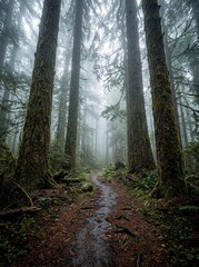 Fototapeta premium Enchanted Forest Path in Silent Alpine Mist