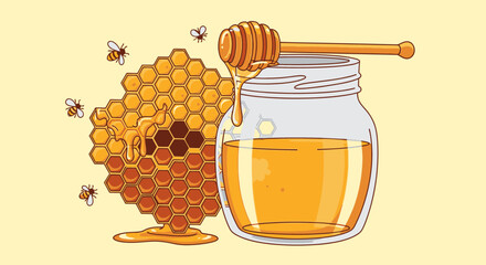 Honey in a glass jar with honeycomb. © Fandi Comp