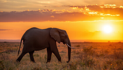 Naklejka premium African elephant walking across golden grassland at sunset with warm sky and clouds