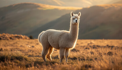 Fototapeta premium Fluffy alpaca standing in golden mountain meadow at sunset surrounded by warm light