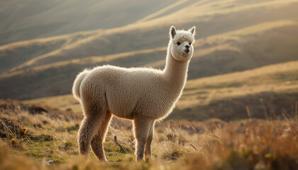 Fototapeta premium Fluffy alpaca standing in sunlit mountain meadow with golden hills in background