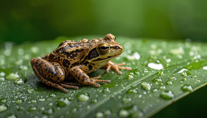 Obraz premium Brown frog resting on green leaf with water droplets, close up macro