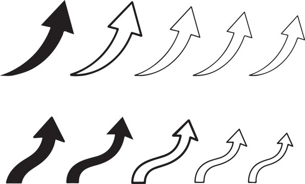 Set of wavy arrow icons in solid and outline formats showing organic growth and flexible direction for creative business strategy visuals