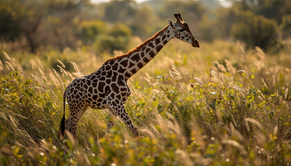 Obraz premium Giraffe walking through tall grass with soft natural light golden savanna glow