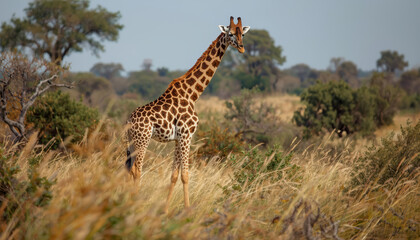 Obraz premium Giraffe savanna tall grass wildlife portrait elegant long neck
