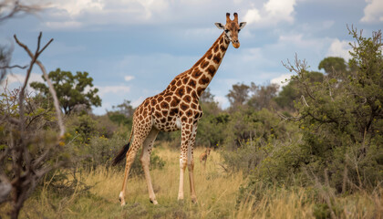 Fototapeta premium Giraffe savanna tall wildlife elegant animal standing in grassland with cloudy sky