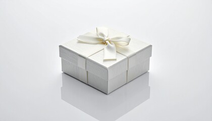 Obraz premium Elegant white gift box with a satin ribbon bow, presented on a clean, minimalist white background