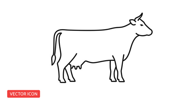 Simple Line Icon of a Cow Standing, Vector Illustration of Farm Animal