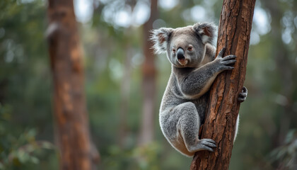 Fototapeta premium Koala climbing eucalyptus tree in forest with soft bokeh background
