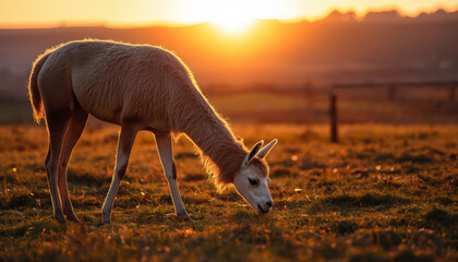 Fototapeta premium Golden llama grazing at sunrise in pasture, serene warm light and soft glow