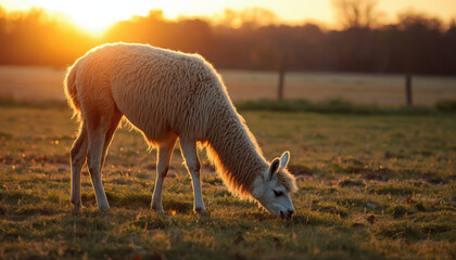 Fototapeta premium Golden llama grazing in pasture at sunrise with soft warm light