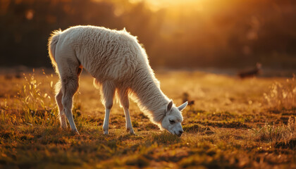 Fototapeta premium White llama grazing in golden sunrise meadow with soft warm light