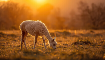 Fototapeta premium Golden sunrise llama grazing in grassy meadow with soft warm backlight