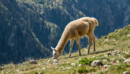 Fototapeta premium Llama grazing mountain slope grazing llama mountain grass alpine grazing animal herbivore wool