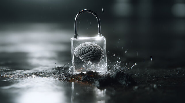 A brain is inside a glass container with a lock on top