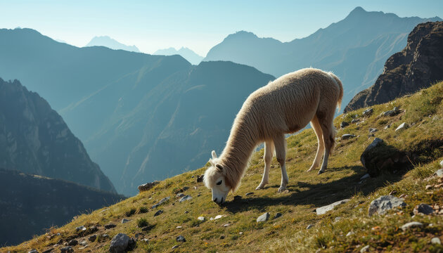 Alpaca grazing on alpine slope with layered mountain ridges and soft morning light