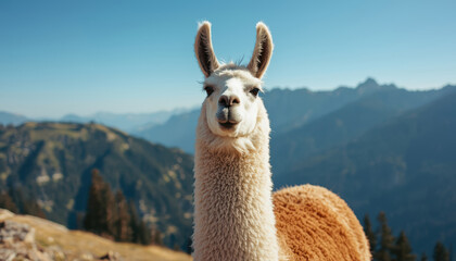 Fototapeta premium Alpaca facing camera in mountain landscape with clear sky and warm light