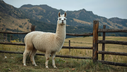 Fototapeta premium White llama standing by rustic wooden fence in grassy mountain pasture with distant peaks