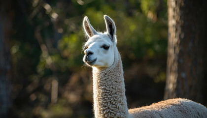 Fototapeta premium White llama portrait in morning light with soft fur and serene expression
